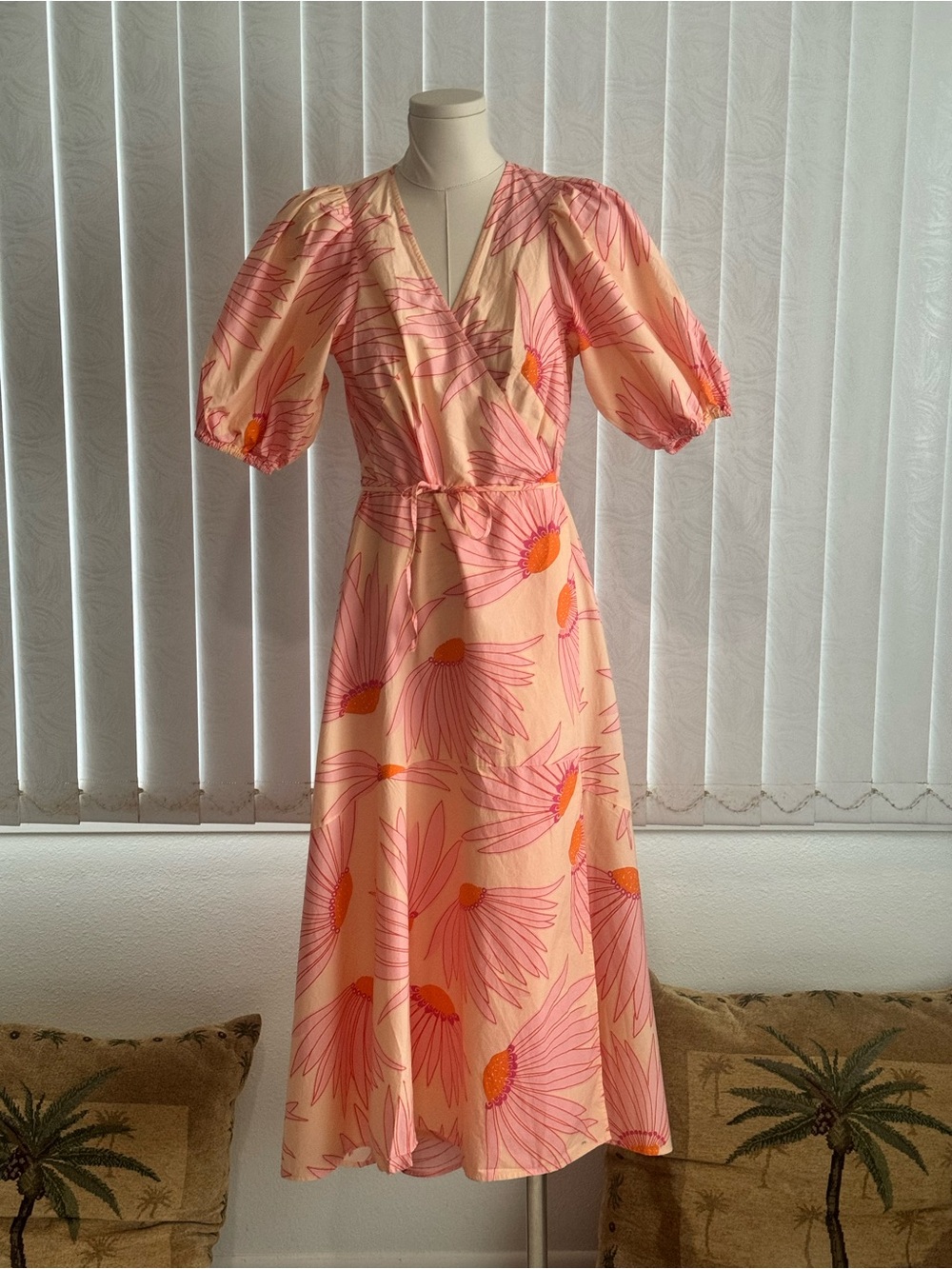Kate Spade New York Floral Wrap Dress Peach Pink Size 0 Cotton Puff Sleeve $298
